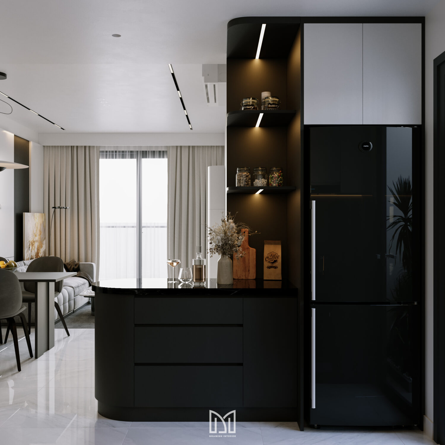 Căn hộ Privia Khang Điền - Phòng khách bếp style sang trọng