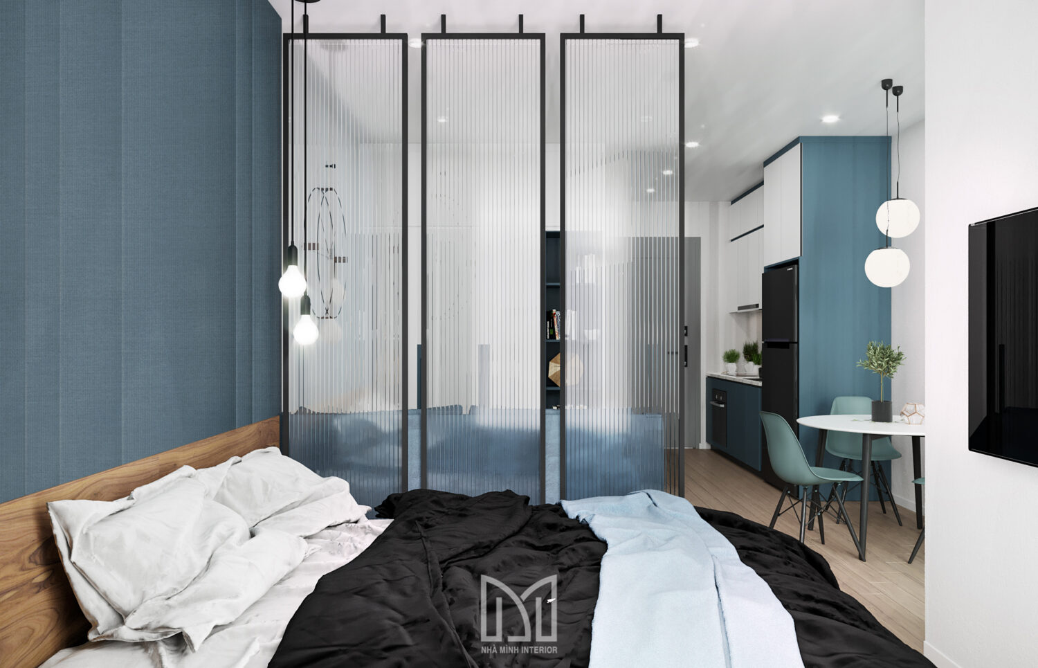 Studio xanh dương mạnh mẽ cho nam độc thân
