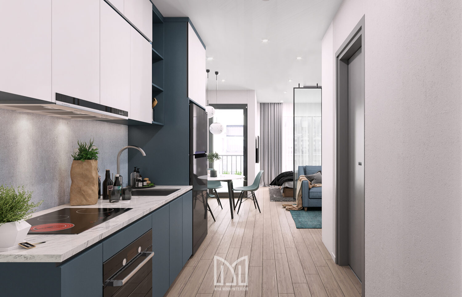 Studio xanh dương mạnh mẽ cho nam độc thân