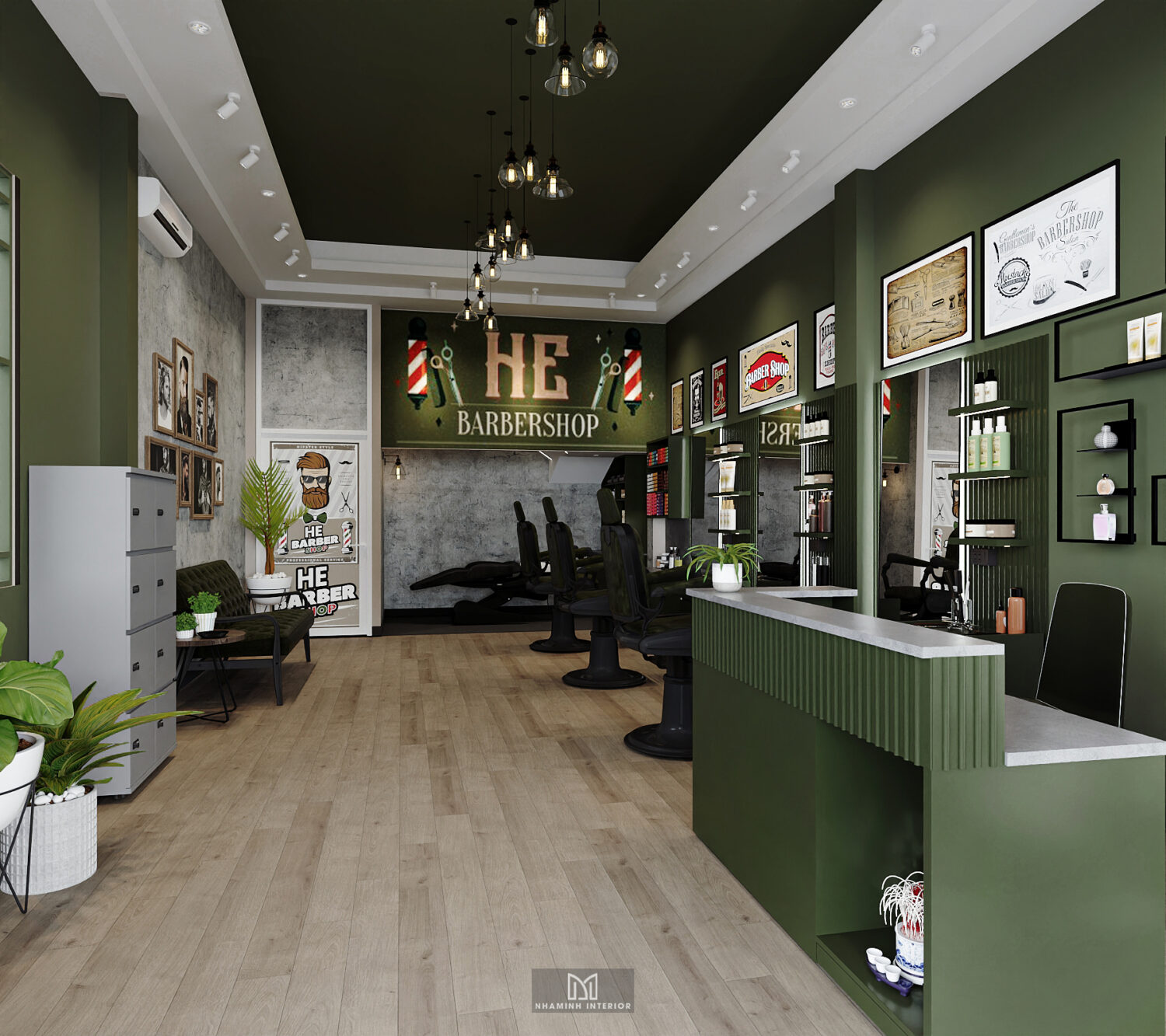 Barber shop tone xanh rêu chủ đạo ấn tượng