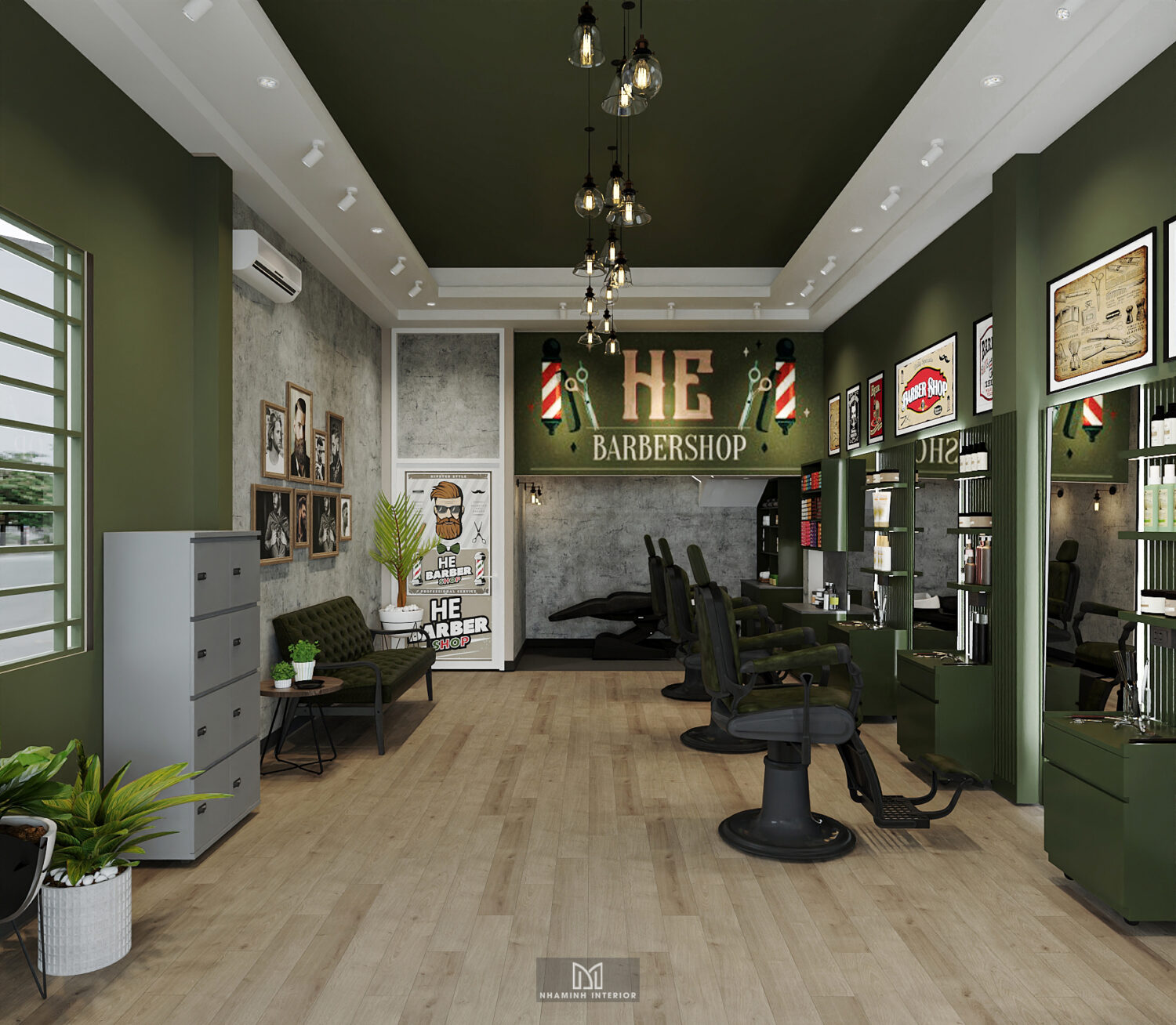 Barber shop tone xanh rêu chủ đạo ấn tượng