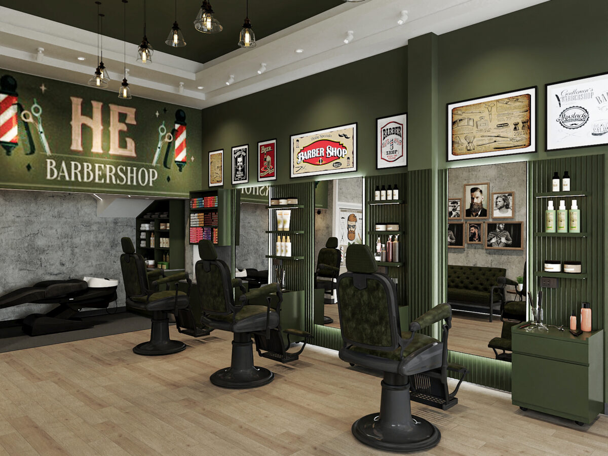 Barber shop tone xanh rêu chủ đạo ấn tượng