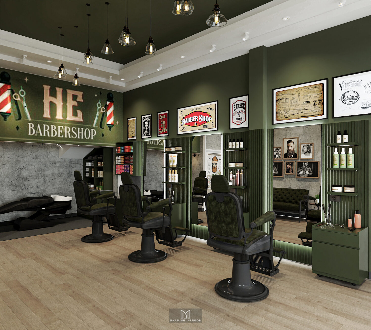 Barber shop tone xanh rêu chủ đạo ấn tượng