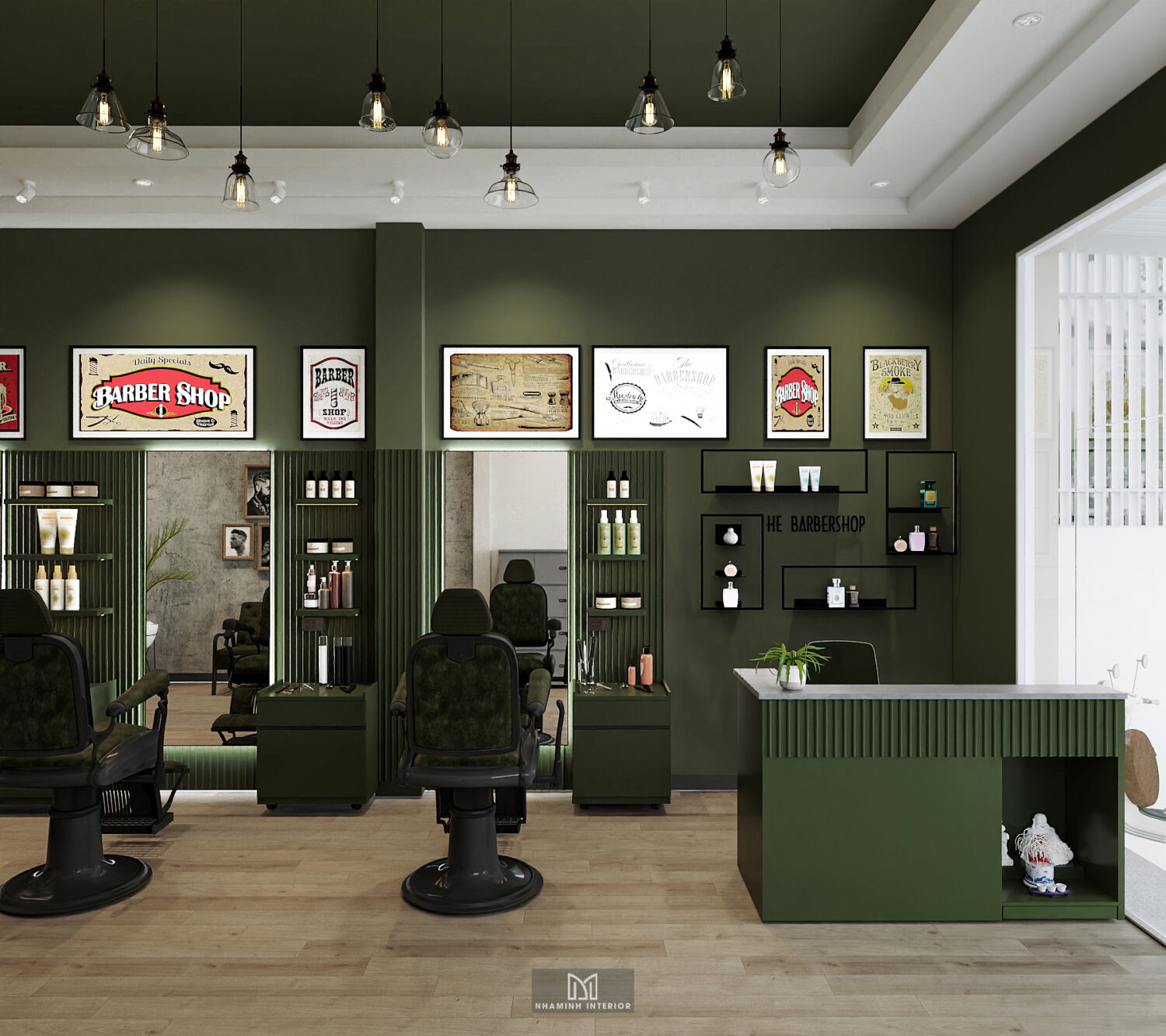 Barber shop tone xanh rêu chủ đạo ấn tượng
