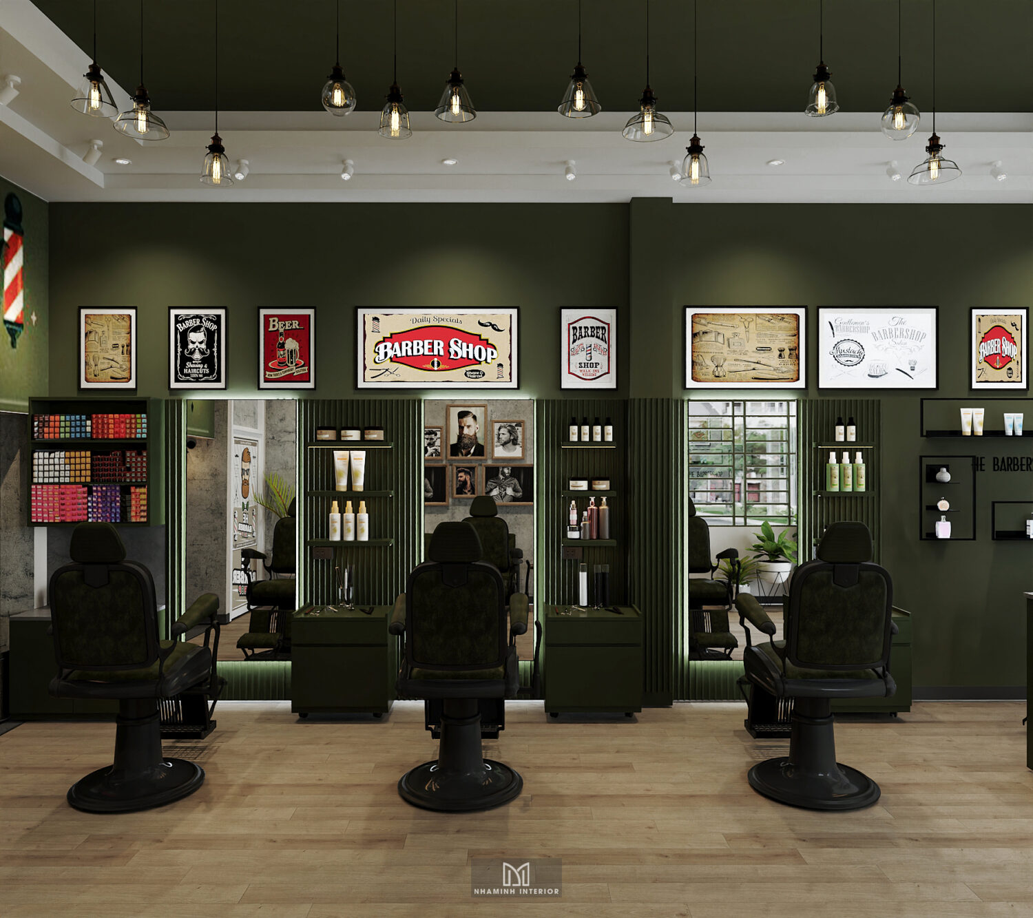 Barber shop tone xanh rêu chủ đạo ấn tượng
