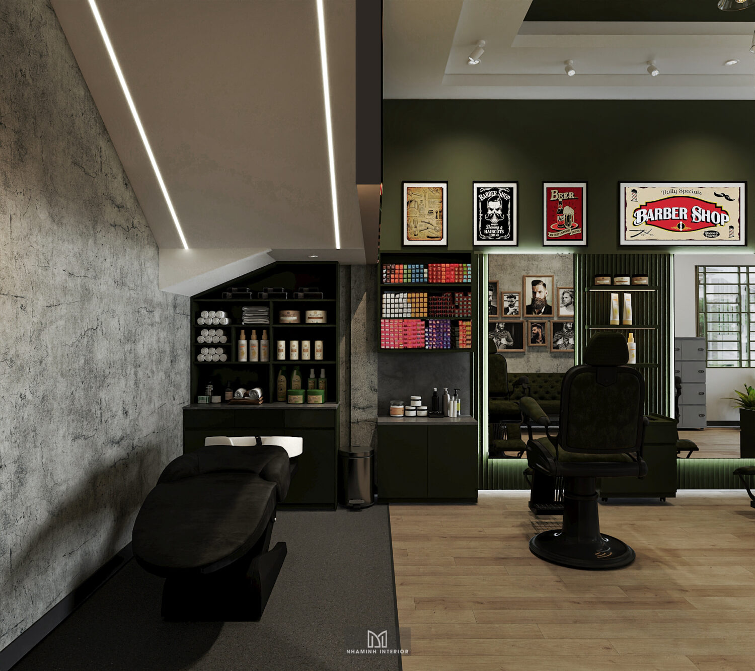 Barber shop tone xanh rêu chủ đạo ấn tượng