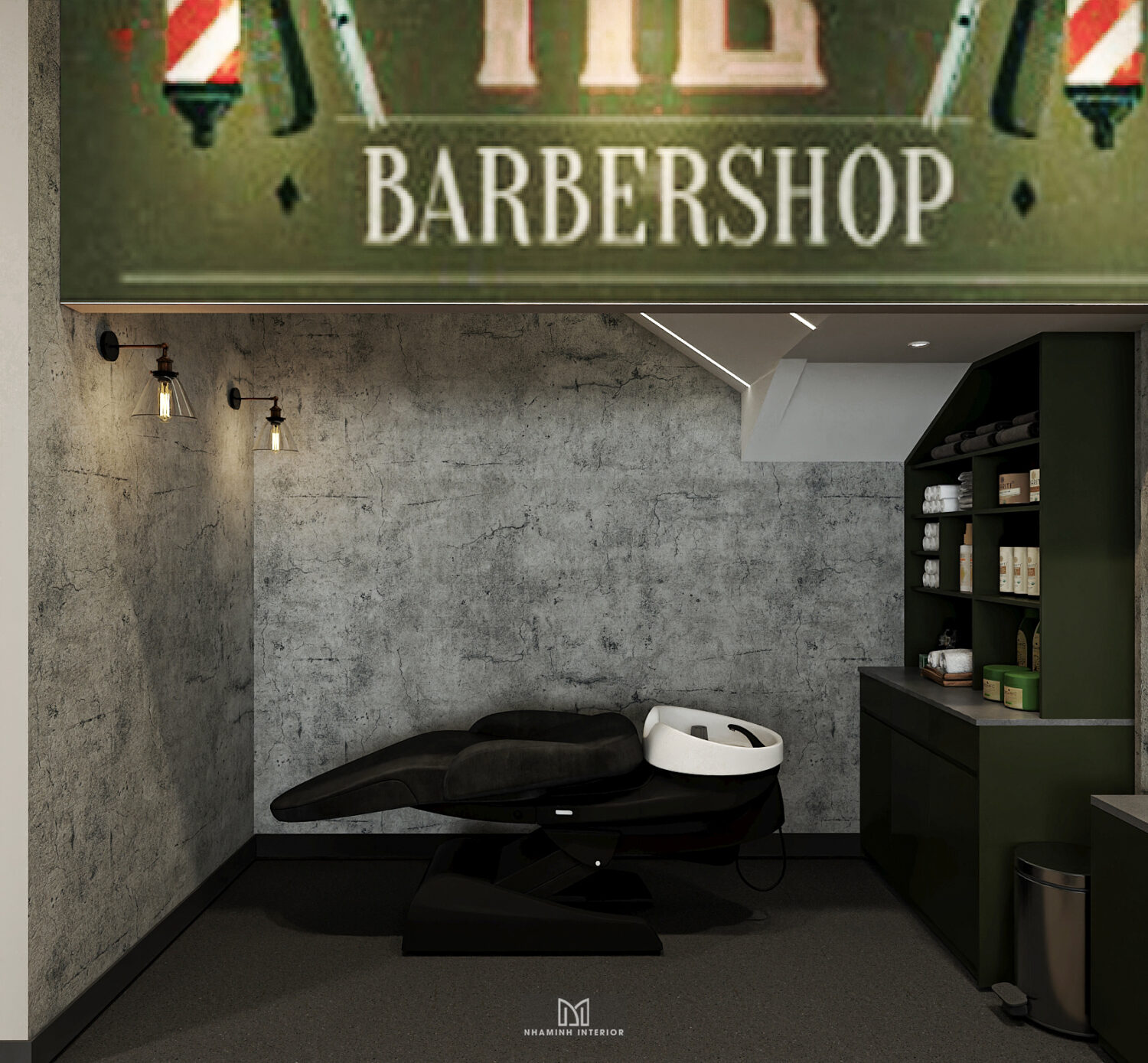 Barber shop tone xanh rêu chủ đạo ấn tượng