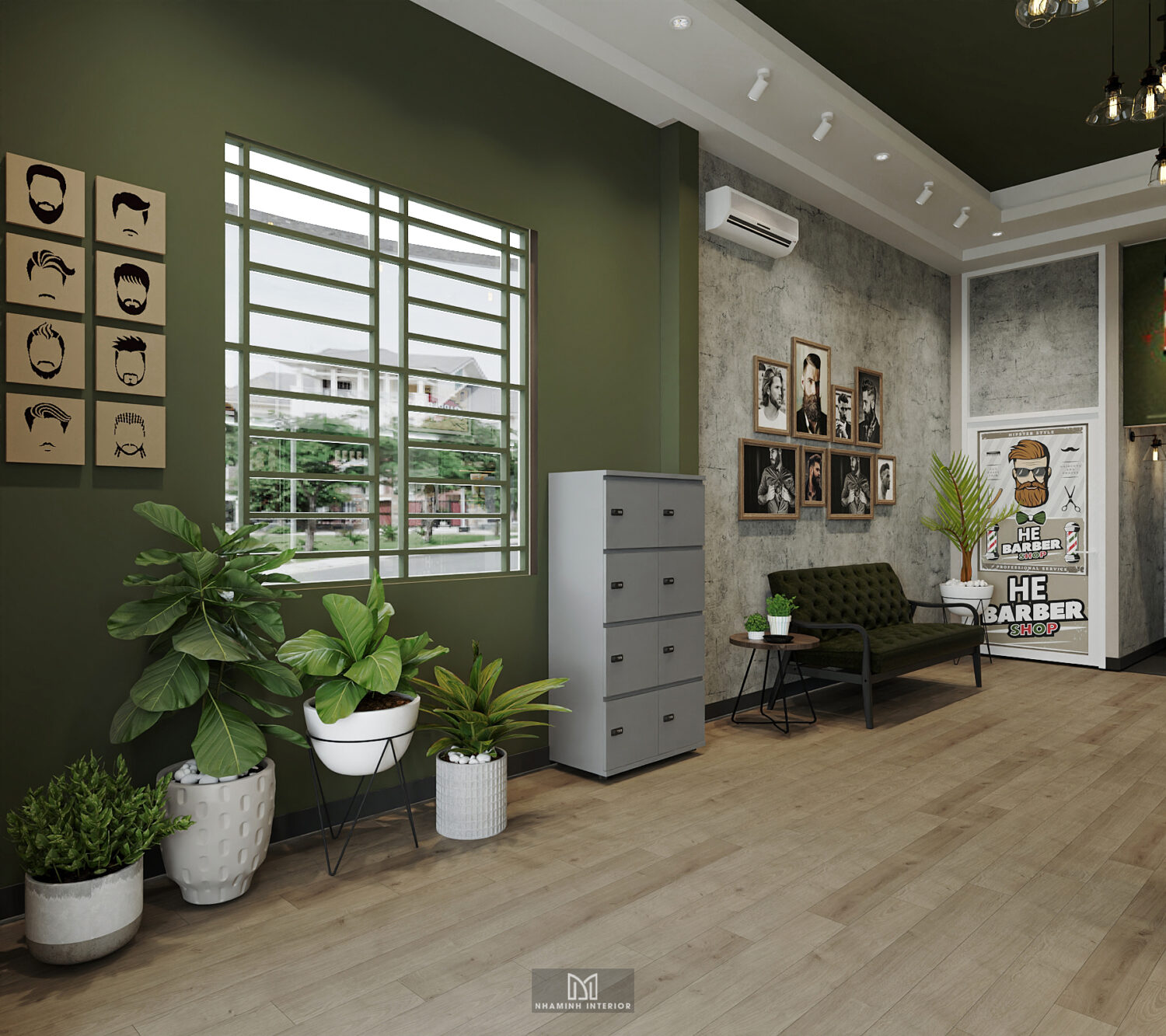 Barber shop tone xanh rêu chủ đạo ấn tượng