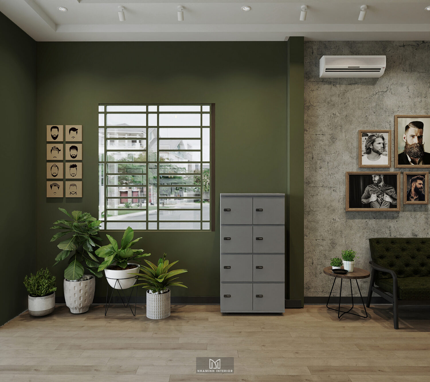 Barber shop tone xanh rêu chủ đạo ấn tượng