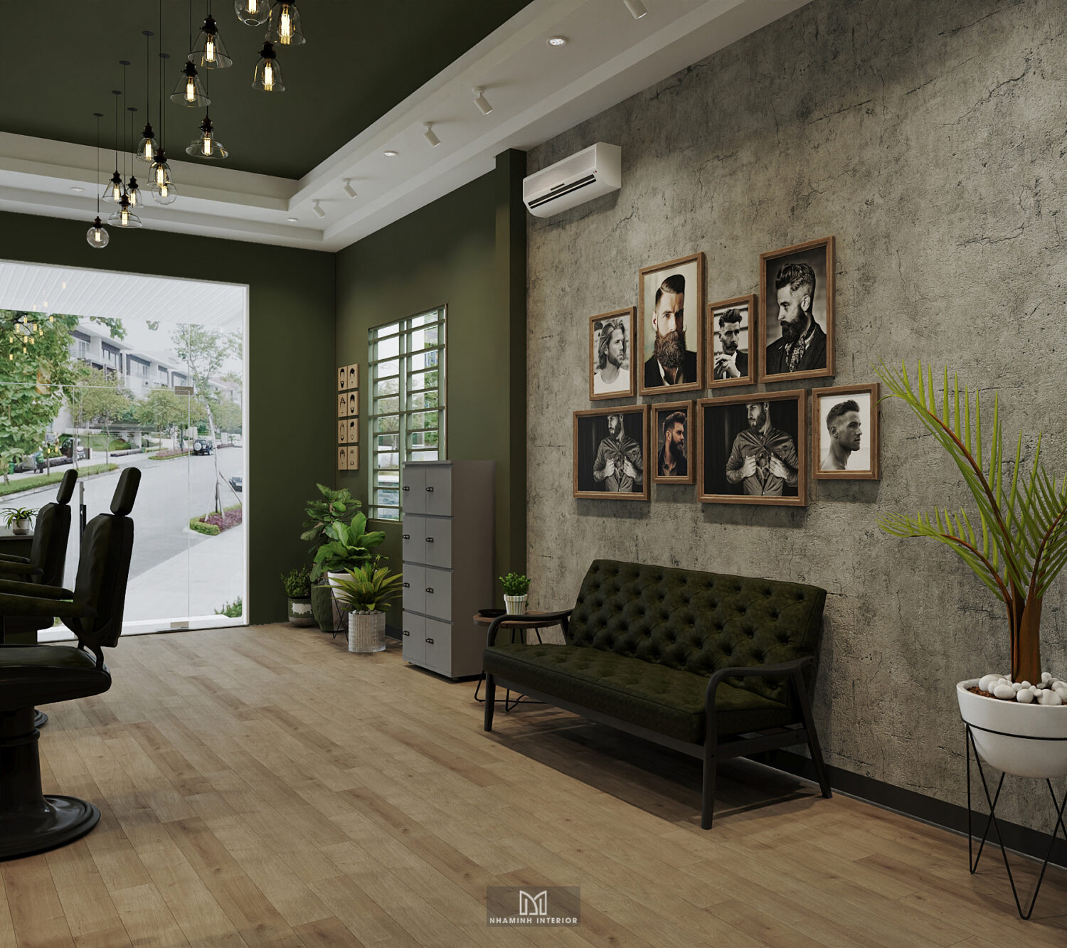 Barber shop tone xanh rêu chủ đạo ấn tượng