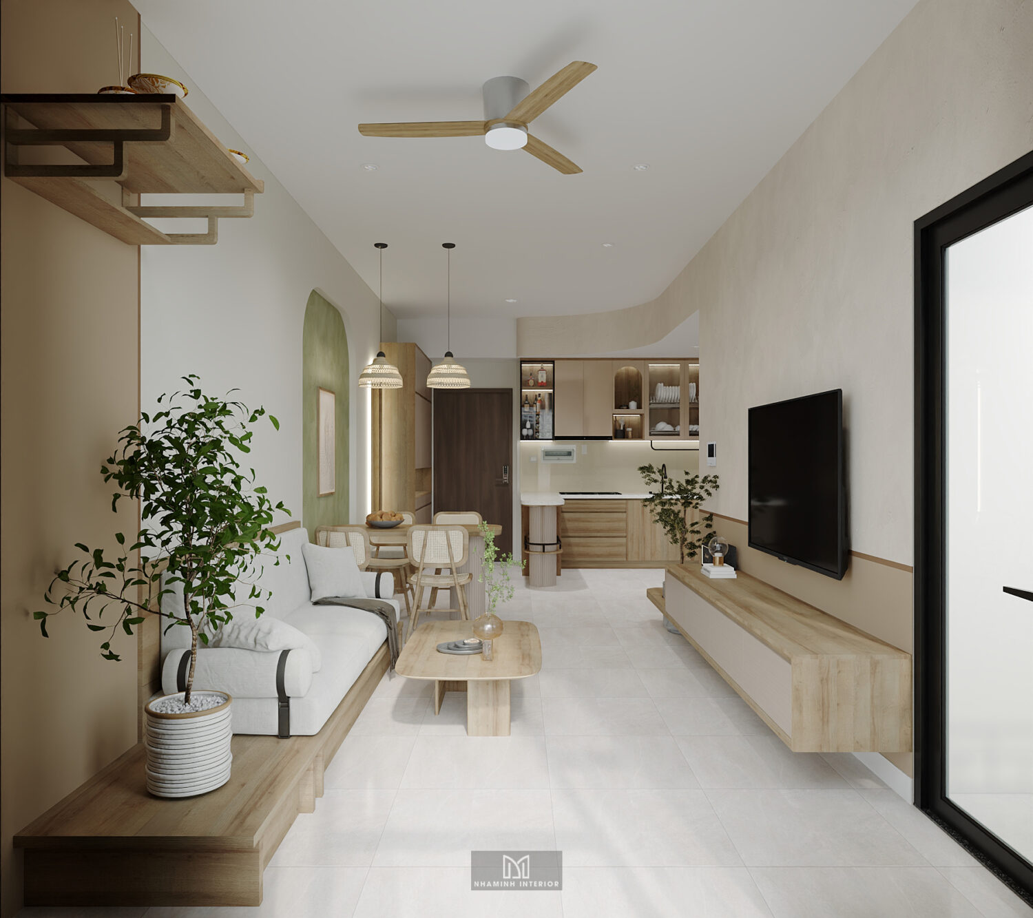 Căn hộ 2PN Picity tone nâu xanh lá mạ