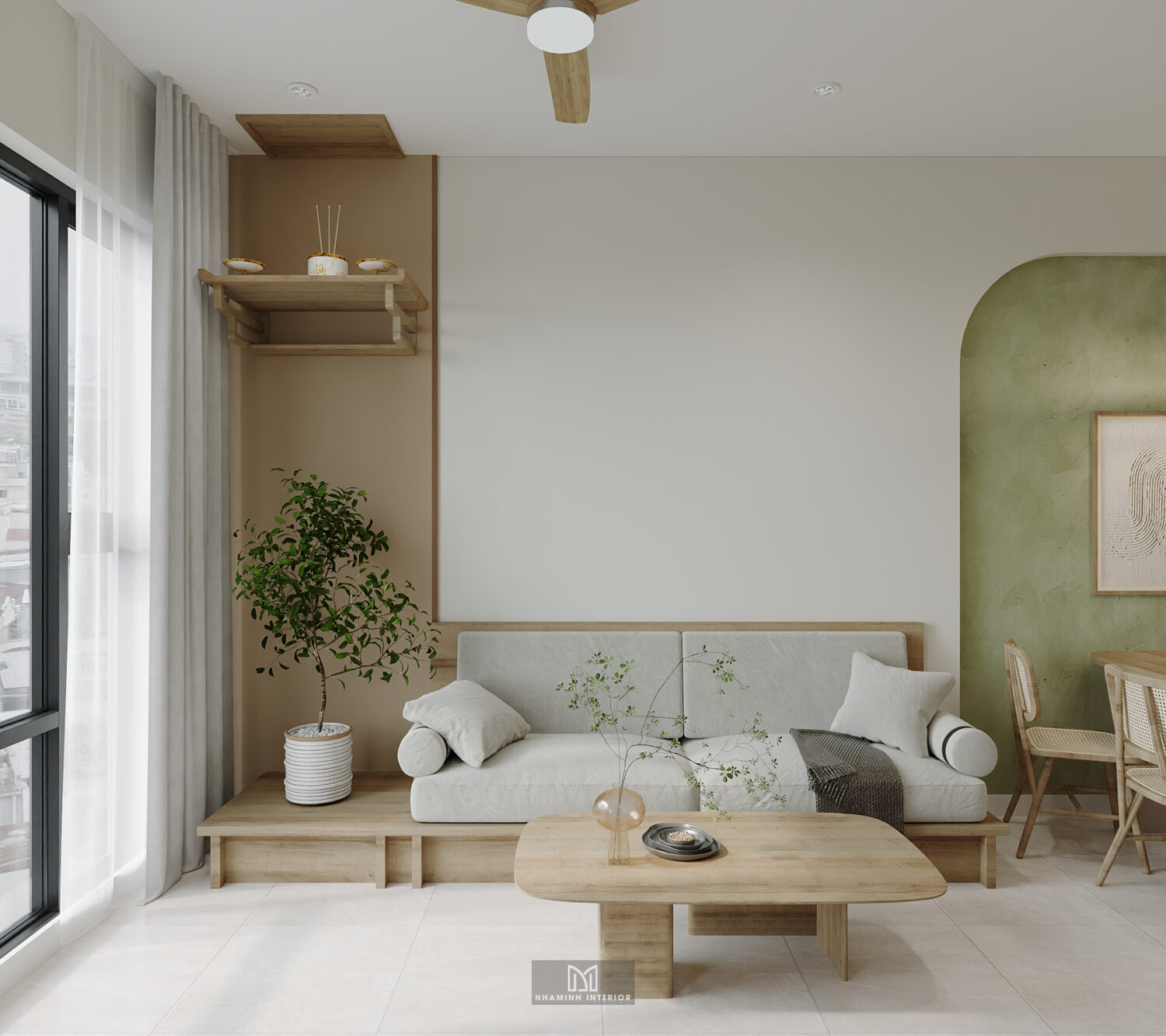 Căn hộ 2PN Picity tone nâu xanh lá mạ