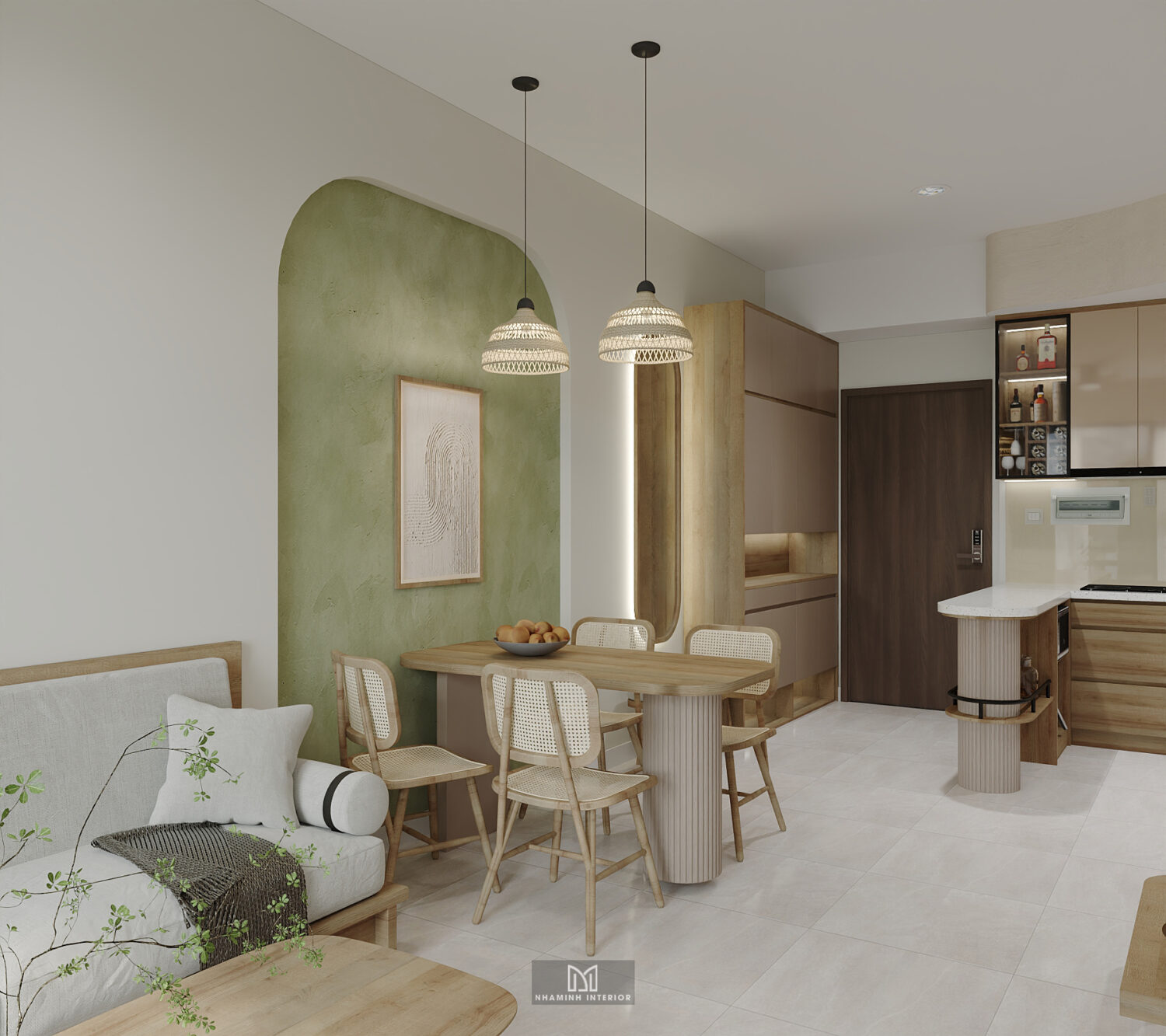Căn hộ 2PN Picity tone nâu xanh lá mạ