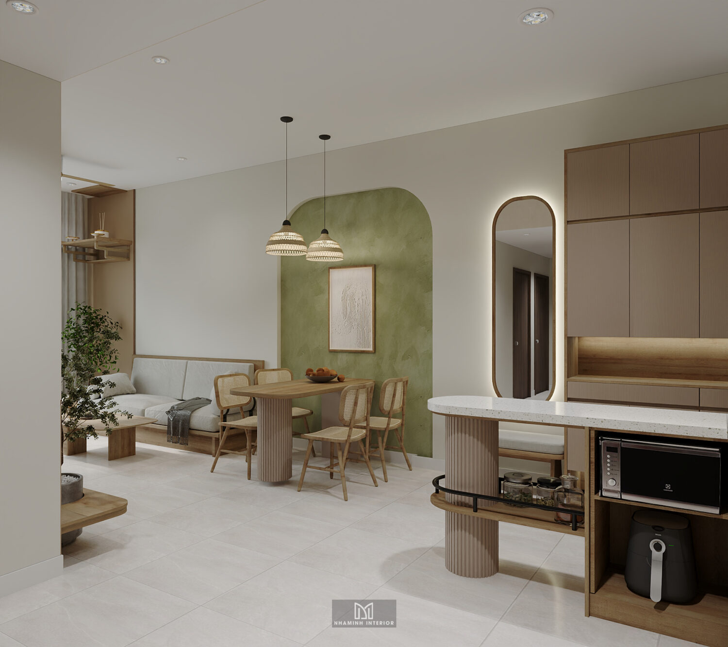 Căn hộ 2PN Picity tone nâu xanh lá mạ