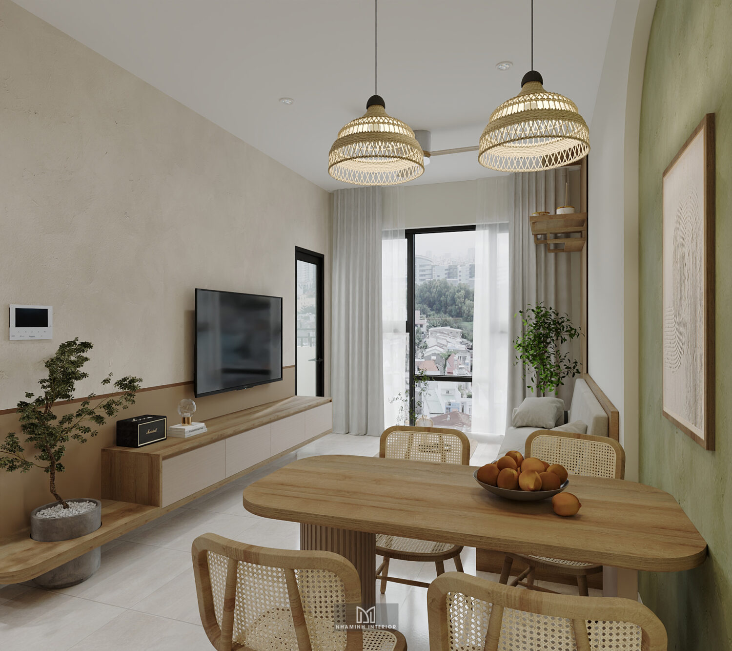 Căn hộ 2PN Picity tone nâu xanh lá mạ