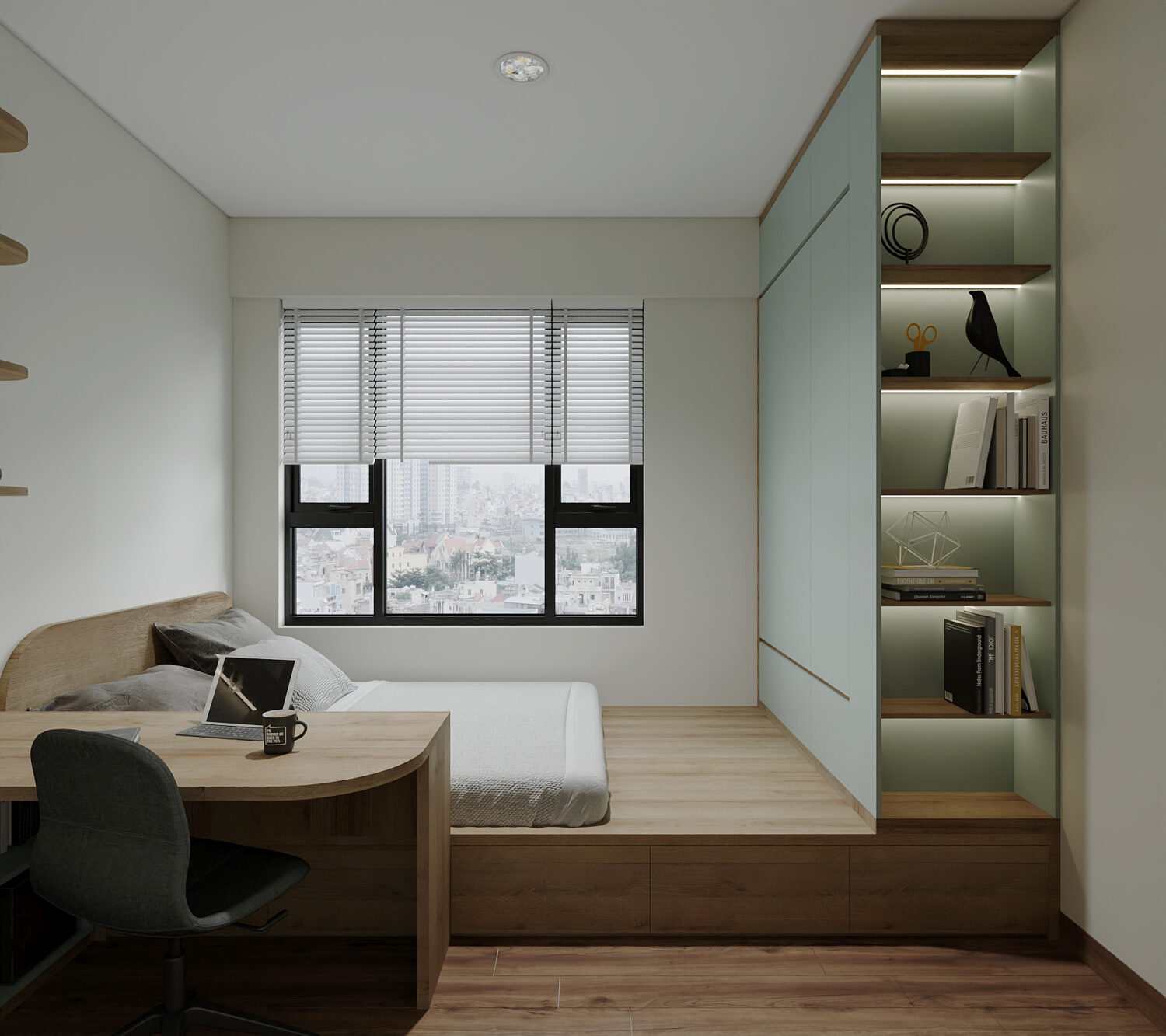 Căn hộ 2PN Picity tone nâu xanh lá mạ