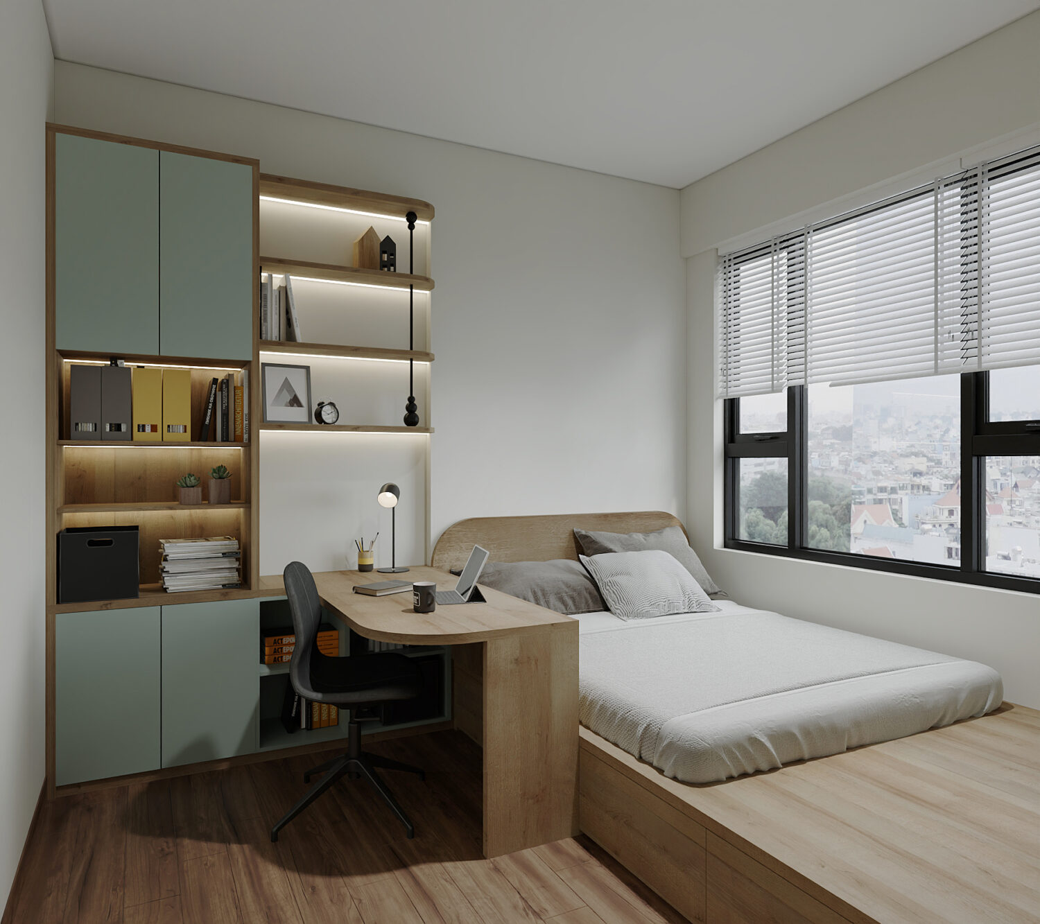 Căn hộ 2PN Picity tone nâu xanh lá mạ