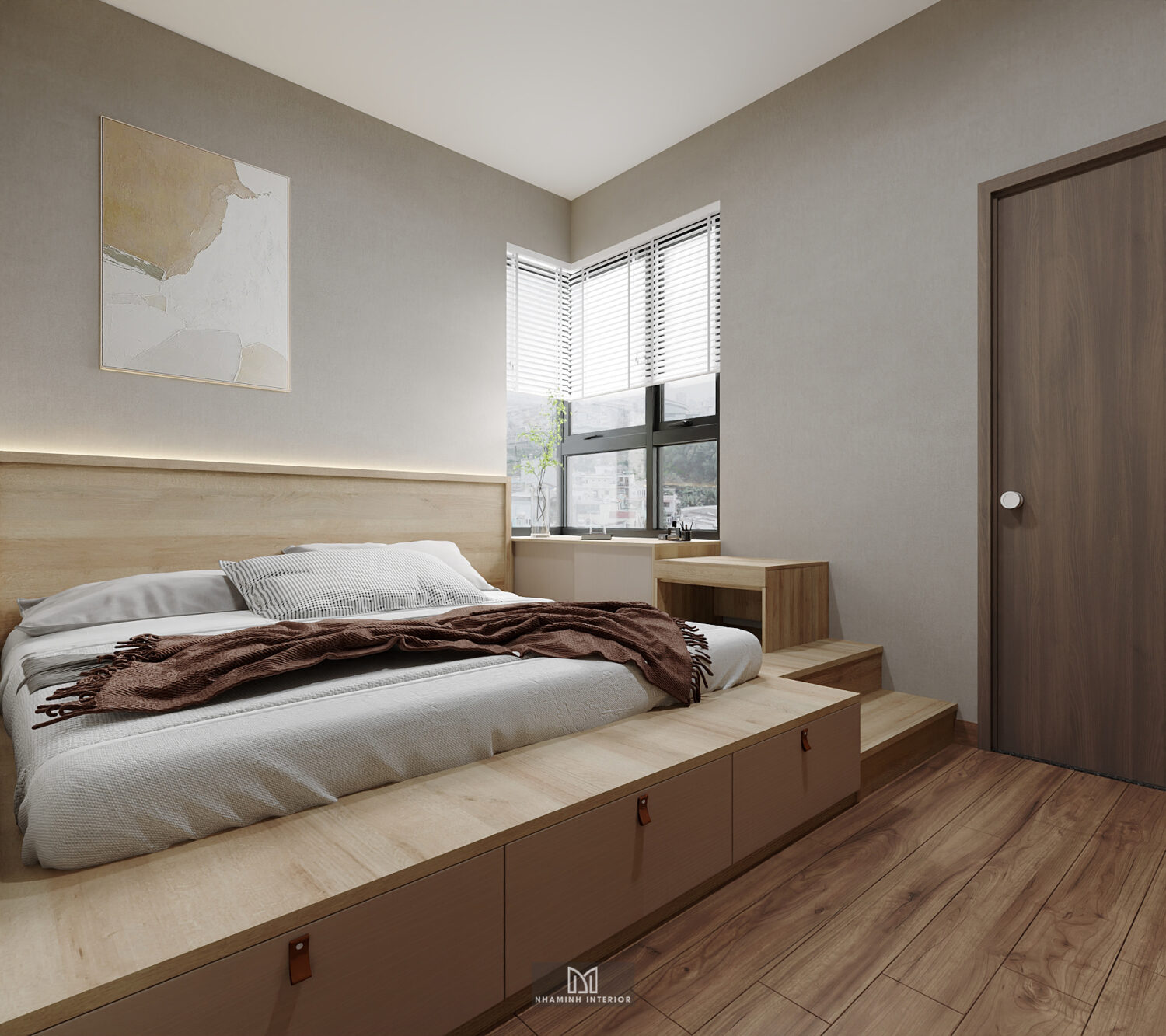 Căn hộ 2PN Picity tone nâu xanh lá mạ