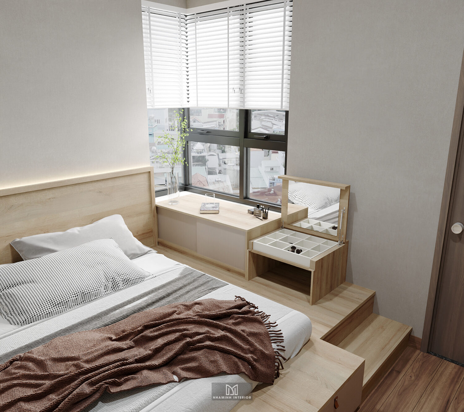 Căn hộ 2PN Picity tone nâu xanh lá mạ